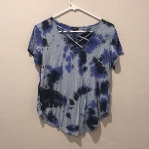 Cross neck purple and blue tie dye tee